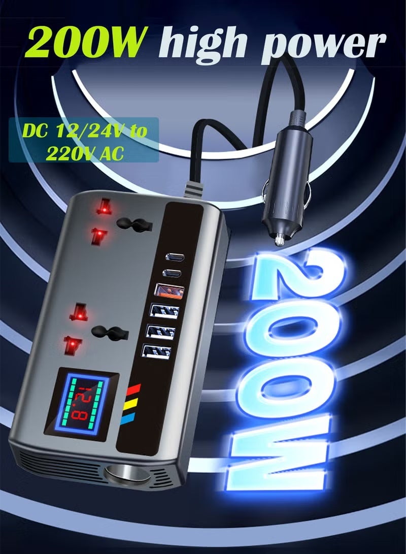 محول طاقة للسيارة بقدرة 200 واط، محول مقبس كهربائي للسيارة، من تيار مستمر 12/24 فولت إلى تيار متردد 220 فولت، محول قابس سيارة مزود بـ 3 منافذ USB ومنفذين من النوع C، مفتاح مدمج وشاشة عرض تيار LCD، متوافق مع السيارات والشاحنات - Image 2